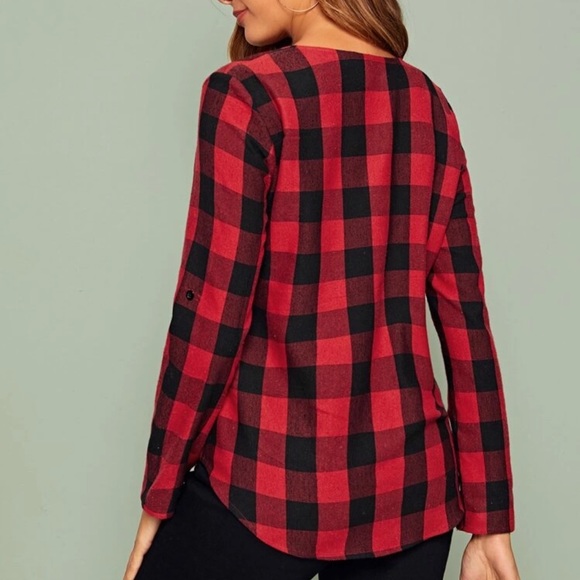 Buffalo plaid notched v neck roll tab long sleeve shirt top red black - Picture 3 of 6